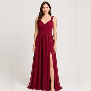 Azazie burgundy bridesmaid chiffon dress with side slit,‎ size A10